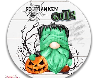 Frankenstein Gnome Halloween Sign Printable, Gnome Sublimation Graphics, Round Printable png Wreath Sign Wall Art Halloween Coaster 5-HAL023