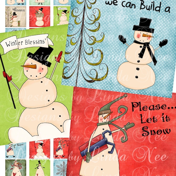 Trendy SNOWMAN (.75 x .83 scrabble tile) size Images Digital Collage Sheet  SALE  snow winter tree christmas family printable