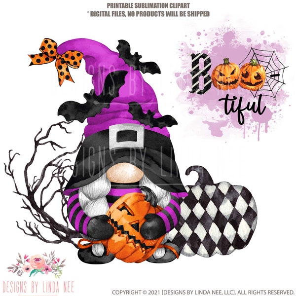 Witch Gnome Halloween PNG, Cute Printable Sublimation Design, Pumpkin Pillow, T-Shirt, Wreath Sign, Mug, Garden Flag, Shirt, Tote 5-HAL021