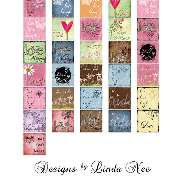 Dream Scapes Live Love Laugh 1 x 1 Inch Images Buy 2 Get 1 FREE SALE - Digital Collage Sheet for glass or wood tiles by Designs by Linda Nee designsbylindanee heart flowers butterfly grass flourish scrapbooking printable stickers card ephemera gift tag