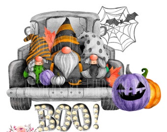 Halloween Digital Download, Gnome and Pickup Truck PNG, BOO Pumpkin, Printable Sublimation Design, Wizard Pillow, T-Shirt, Sign Mug 5-HAL013