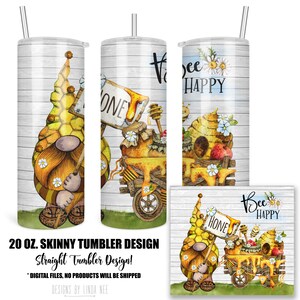 Bee Happy Gnome Skinny Tumbler PNG, Honey Bee Gnomes PNG, Sunflower Skinny Tumbler PNG, Projekt sublimacji, Pełne opakowanie na kubek, Bee 7-SUM021