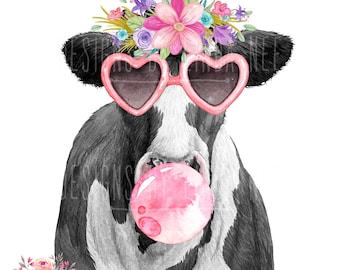 Cute Cow PNG, Cow and Pink Flowers Download, Summer Fun Sublimation Cow, Coffee Tumbler Graphics, Waterslide Graphic T-Shirt Design 5-FRM003