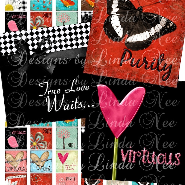 PURITY Abounds love virtuous (1 x 1 Inch) Images Digital Collage Sheet  SALE heart flowers butterfly printable stickers magnet