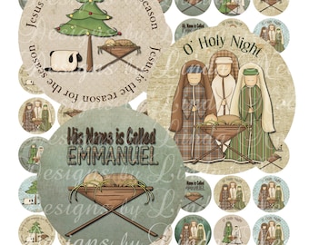 Instant Download - Holy Night Nativity (1.5 inch Round) Bottlecap Digital Collage Sheet printable sticker magnet button Christmas images