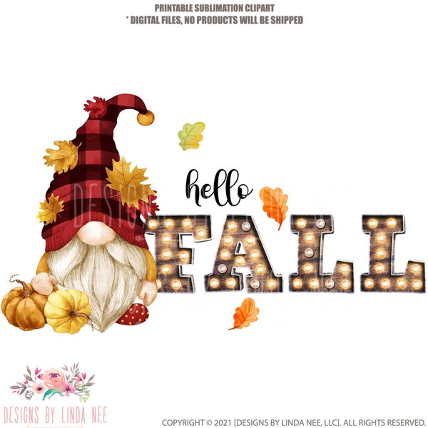 Gnome PNG, Hello Fall Clipart, Pumpkin PNG, Autumn Sublimation PNG, Instant Digital Download, Pillow Graphic, T-Shirt Design, Towel 5-FAL006