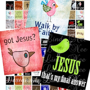 Könnte beinhalten: Eine digitale Collage aus bunten Bildern mit christlichem Thema. Die Bilder zeigen Vögel, Herzen, Kreuze und Texte wie "got Jesus?" und "Walk by Faith".