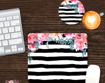 Watercolor Floral Mouse Pad and Coaster Desk Set Sublimation Design Pink Flowers Black and White Stripes Customizable Coaster Mousepad SMO6