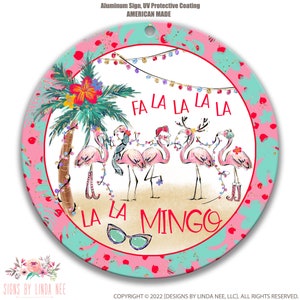 Christmas Flamingo Wreath Sign, Fa La La Mingo Sign, Beach PNG Sublimation Round Sign Wall Art, Tropical Porch Sign Door Hanger 5-X-XMS083