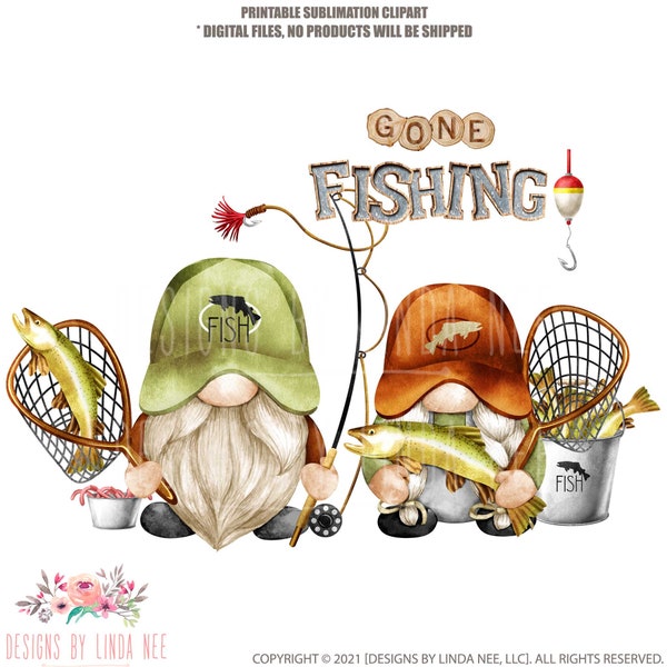 Gone Fishing Gnome Couple, Mr and Mrs, Angler Clipart PNG, Fishing Digital Clipart, Sublimation Artwork, Printable Download 5-SUM010
