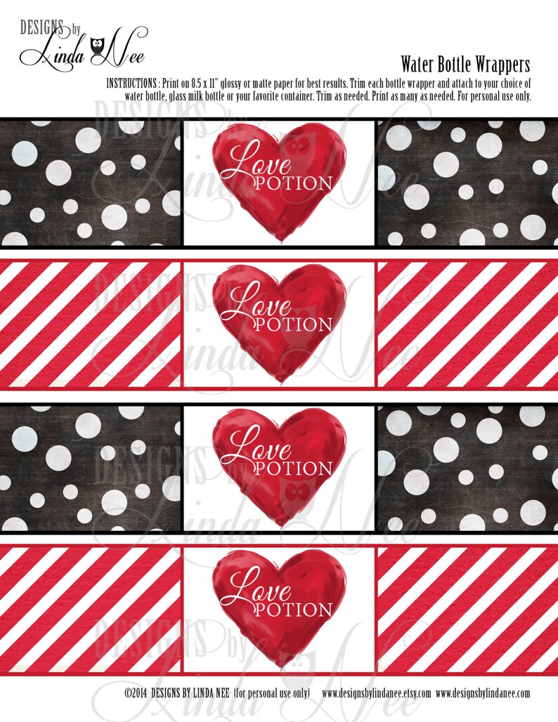 Valentine's Day, Water Bottle Labels, LOVE POTION 9 Water Bottle Wrappers, Instant Digital Download Printable Party Packages Bottle Labels image 4