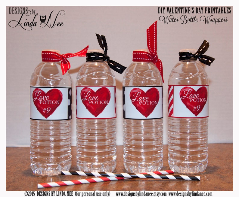 Valentine's Day, Water Bottle Labels, LOVE POTION 9 Water Bottle Wrappers, Instant Digital Download Printable Party Packages Bottle Labels image 1