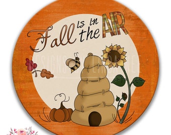 Fall Wreath Sign Digital Download, Cute Bee on Hive Printable png, Sublimation Round Sign Wall Art, Fall is in the Air 5-FAL001