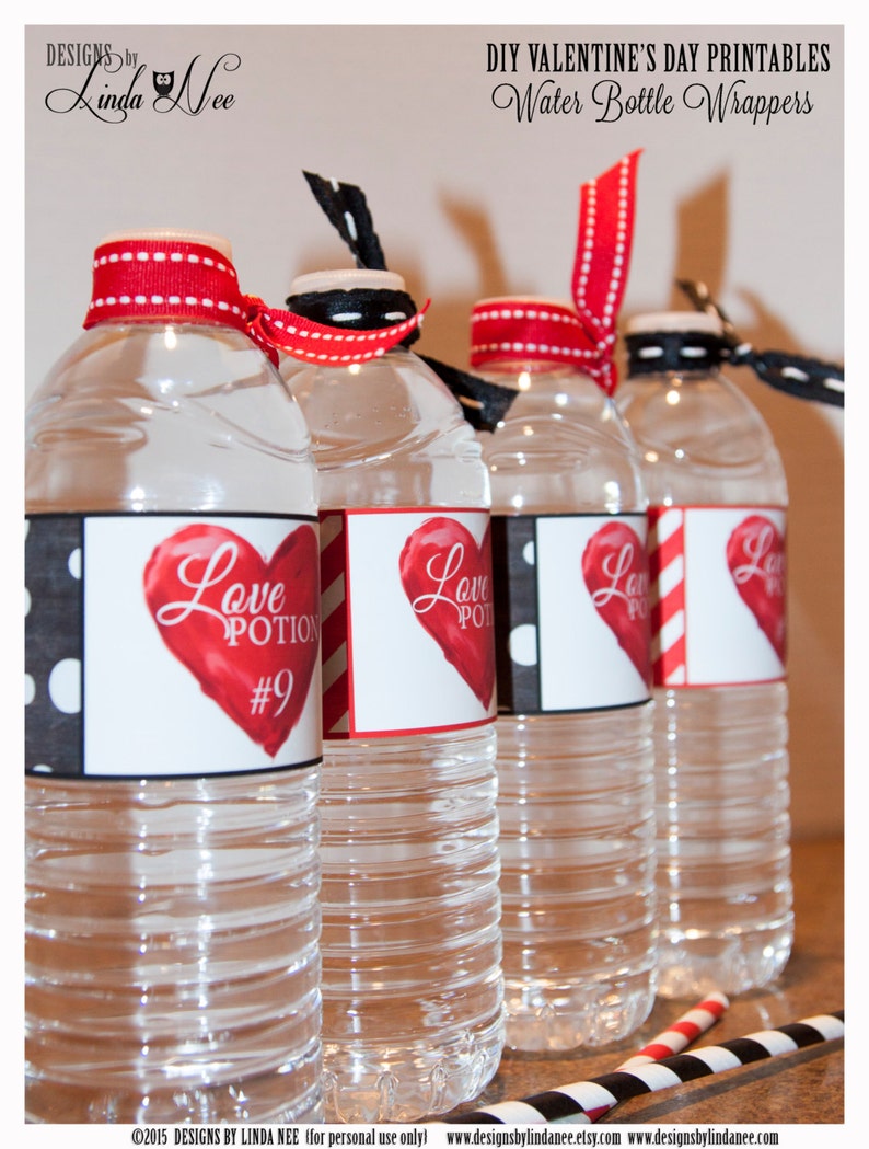 Valentine's Day, Water Bottle Labels, LOVE POTION 9 Water Bottle Wrappers, Instant Digital Download Printable Party Packages Bottle Labels image 2