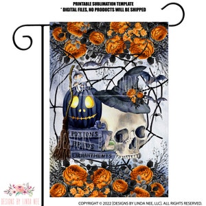 Halloween Garden Flag SUBLIMATION PNG, Witch Digital Download, Sublimation Garden Flag, Orange Floral Pumpkins, Skull Bats Spider 5-X-HAL033