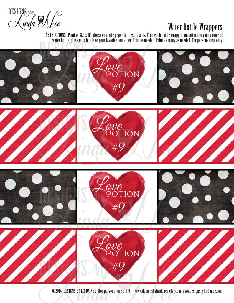 Valentine's Day, Water Bottle Labels, LOVE POTION 9 Water Bottle Wrappers, Instant Digital Download Printable Party Packages Bottle Labels image 3