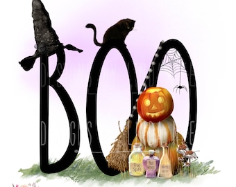 BOO Halloween PNG, Scary Pumpkin, Witches Hat, Black Cat, Broom, Spiders, Printable Sublimation Design, Halloween Clipart, Fall 5-X-HAL030