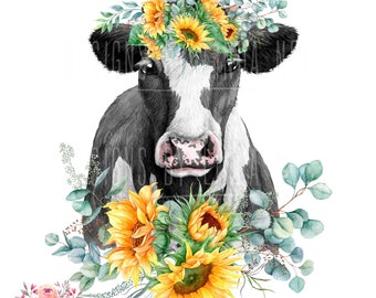 Sunflower PNG, Cow PNG, Cow and Sunflowers Download, Sublimation Cow, Coffee Tumbler Graphics, Waterslide Graphic, T-Shirt Design 5-FRM002