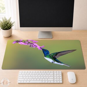 May include: A rectangular desk mat featuring a high-resolution photograph of a vibrant blue and green hummingbird hovering in mid-air while feeding from a cluster of bright purple flowers against a soft, blurred green background.