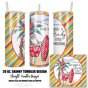 Natal tropical PNG, envoltório de copo de sublimação de Papai Noel surf, palmeiras, luzes de Natal, praia, areia copo magro de 20 onças PNG 5-X-XMS082