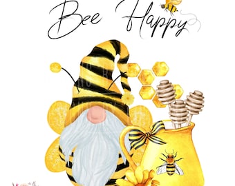 Bee Happy Gnome PNG, Bee Gnome Instant Digital Download, PRINTABLE Honey Bee Sublimation Design, Bee Clipart, Gnome Watercolor 5-SUM020