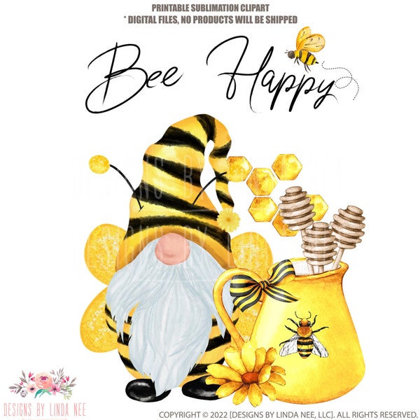 Bee Happy Gnome PNG, Bee Gnome Instant Digital Download, PRINTABLE Honey Bee Sublimation Design, Bee Clipart, Gnome Watercolor 5-SUM020