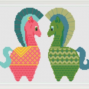 May include: Two stylized horses, one pink and one green, with blue manes and tails. They are both wearing patterned sweaters and have a whimsical, folk art style.