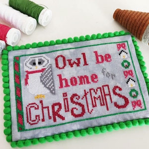 Owl Be Home for Christmas Cross Stitch Chart - PDF digital cross stitch pattern, original design. Punny animal Christmas carol