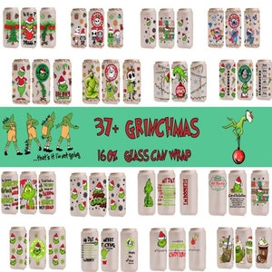 May include: A selection of 37+ Grinchmas-themed 473 ml glass can wraps. The wraps display diverse designs featuring the Grinch, festive decorations, and text. The image includes the text "37+ GRINCHMAS 16 OZ GLASS CAN WRAP".
