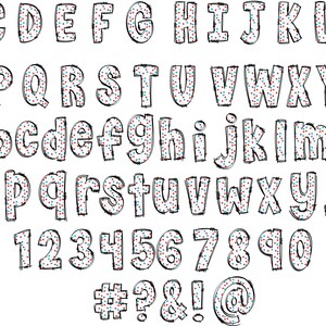 May include: A white alphabet with red and blue polka dots. The letters are outlined in black and have a hand-drawn style. The alphabet includes uppercase and lowercase letters, numbers 1-0, and symbols #, ?, &, !, and @.