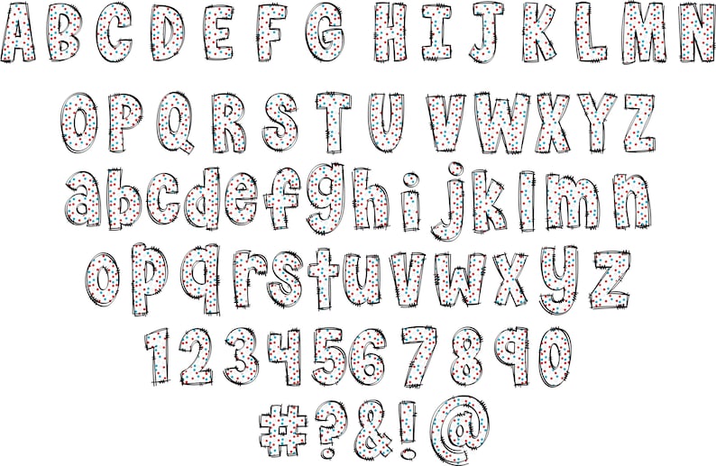 May include: A white alphabet with red and blue polka dots. The letters are outlined in black and have a hand-drawn style. The alphabet includes uppercase and lowercase letters, numbers 1-0, and symbols #, ?, &, !, and @.