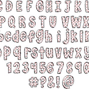 May include: A black and white alphabet with red and white patterned letters and numbers. The letters are uppercase and lowercase, and the numbers are 1 through 9 and 0. There are also symbols including a number sign, question mark, ampersand, exclamation point, and at symbol.
