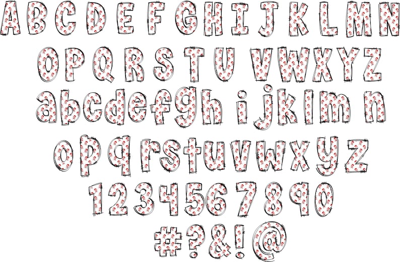 May include: A black and white alphabet with red and white patterned letters and numbers. The letters are uppercase and lowercase, and the numbers are 1 through 9 and 0. There are also symbols including a number sign, question mark, ampersand, exclamation point, and at symbol.