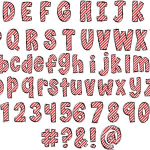 May include: A red and white striped alphabet with uppercase and lowercase letters, numbers 1 through 0, and symbols #, ?, &, !, and @.