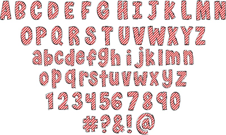 May include: A red and white striped alphabet with uppercase and lowercase letters, numbers 1 through 0, and symbols #, ?, &, !, and @.