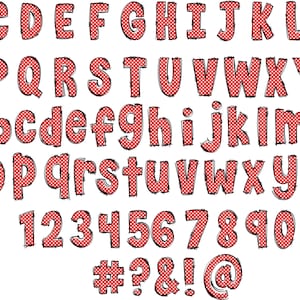 May include: Red and white polka dot alphabet with uppercase and lowercase letters, numbers 1 through 0, and symbols #, ?, &, !, and @.