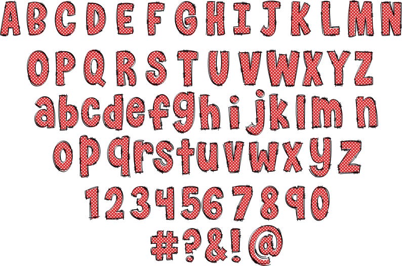 May include: Red and white polka dot alphabet with uppercase and lowercase letters, numbers 1 through 0, and symbols #, ?, &, !, and @.