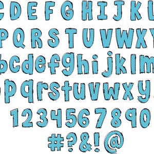 May include: A blue and black alphabet font with uppercase and lowercase letters, numbers 1-0, and symbols #, ?, &, !, and @. The letters and numbers are outlined in black and filled with a blue checkered pattern.