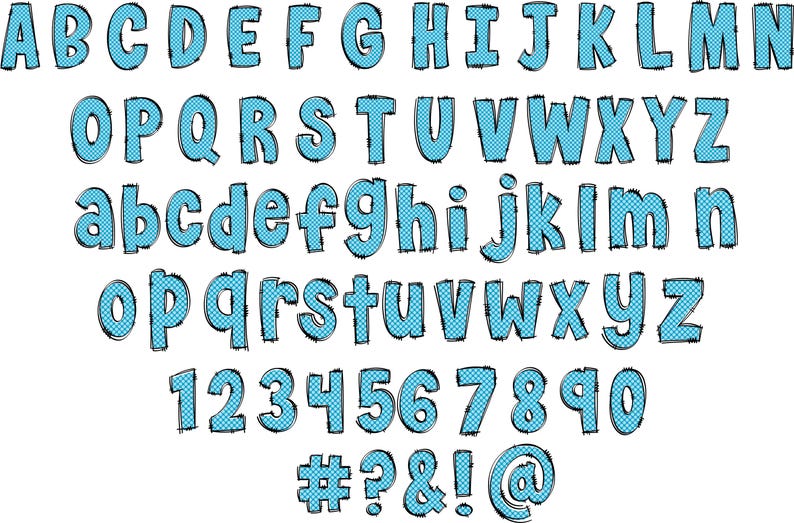 May include: A blue and black alphabet font with uppercase and lowercase letters, numbers 1-0, and symbols #, ?, &, !, and @. The letters and numbers are outlined in black and filled with a blue checkered pattern.
