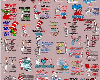 Dr Seuss Svg, megabundel, Cat In The Hat SVG, Dr Seuss Hat SVG, groene eieren en ham Svg, Dr Seuss voor leraren Svg, Cricut, Thing Svg