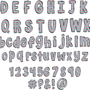 May include: A colorful alphabet with red, white, and blue chevron patterns. The letters are uppercase and lowercase, and there are numbers and symbols as well.