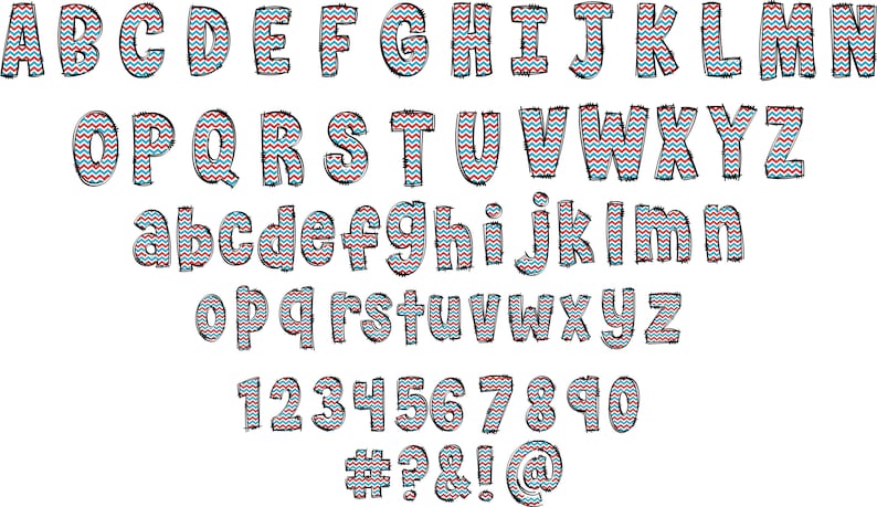 May include: A colorful alphabet with red, white, and blue chevron patterns. The letters are uppercase and lowercase, and there are numbers and symbols as well.