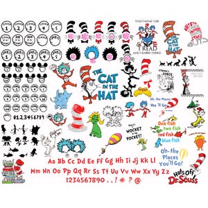 Op de afbeelding: Een verzameling kleurrijke digitale clipart met personages en elementen uit het populaire kinderboek "De Kat met de Hoed" van Dr. Seuss. De clipart bevat de Kat met de Hoed, Ding 1 en Ding 2, de Lorax en andere iconische personages. De clipart bevat ook verschillende letters van het alfabet, cijfers en andere ontwerpelementen.