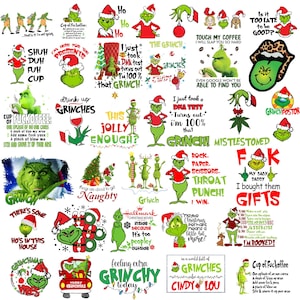 May include: A collage of Grinch-themed images and text. The Grinch is depicted in various poses, often wearing a Santa hat. Text includes phrases like "Grinch", "Naughty", and "Cup of Fuckoffee".