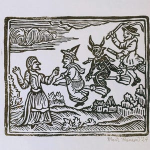 Witches on Brooms hand printed Linocut Art Print