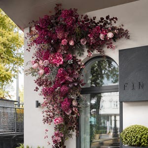 Luxury burgundy floral arrangement, storefront prop, custom outdoor decor for business, large fall flower garland, entrance decor