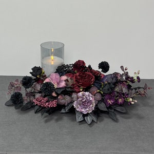 Gothic wedding flower centerpiece, flowers table runner, black burgundy roses decor, silk real touch flower arrangement, moody wedding decor