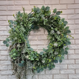 Faux boxwood front door wreath, realistic greenery wreath, front porch decor, farmhouse decor, winter wreath, outdoor indoor wreath