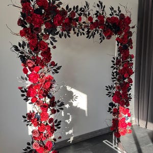 Gothic wedding arbor flowers, burgundy rose garland, silk flower archway, moody flower decor, wedding backdrop, arch arrangement