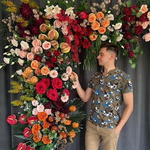 Restaurant flower garland, arch arrangement, colorful front shop flowers, birthday backdrop, wedding arbor decor, floral event decoration